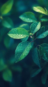 Macro leaf study with raindrops in soft bokeh field.