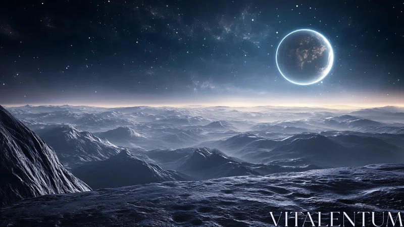 Rocky alien landscape under a distant luminous planet.