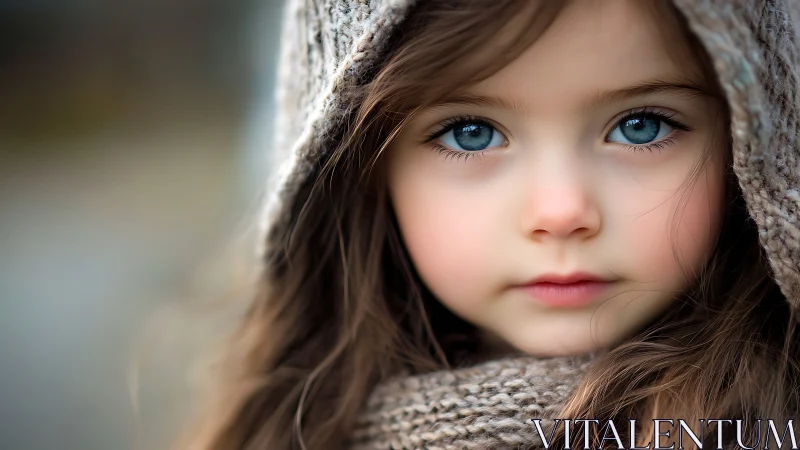 Young Girl with Striking Blue Eyes in Cozy Knit Wear