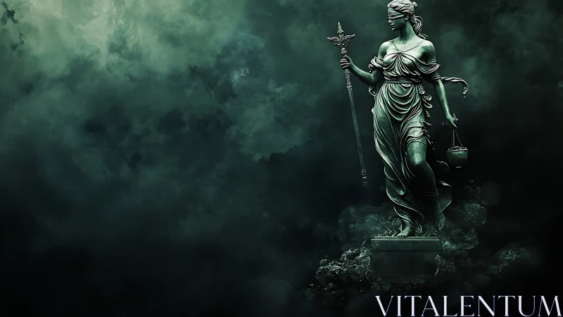 Blindfolded justice statue amid dark atmospheric clouds.