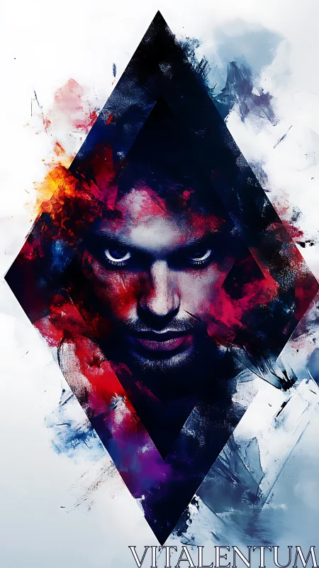 Geometric portrait with intense gaze in vivid color field.