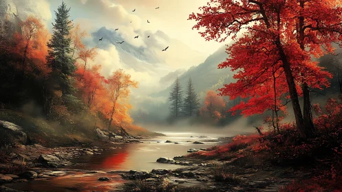 Autumn river valley glows beneath misty snow peaks