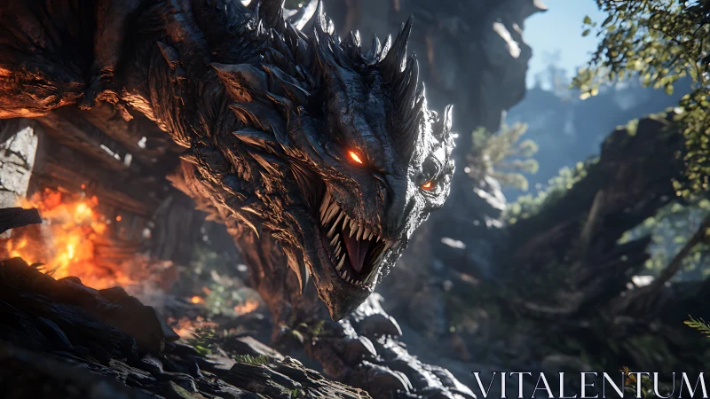 Fierce mountain dragon emerging with blazing molten gaze.