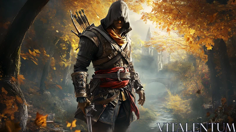 Hooded ranger in layered leather armor stalks autumn forest path