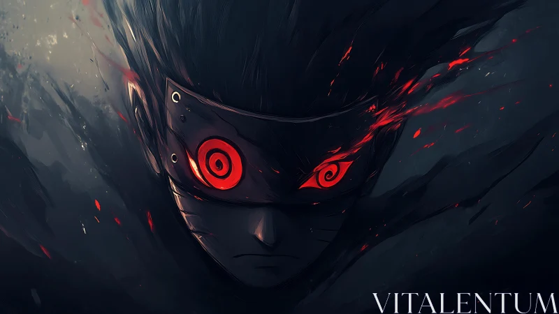 Dark anime warrior portrait with glowing red eyes locked.