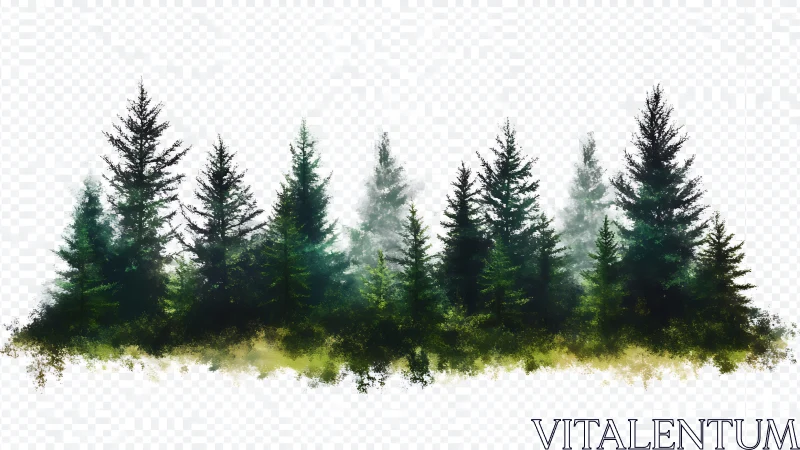 Watercolor conifer stand with layered atmospheric perspective.