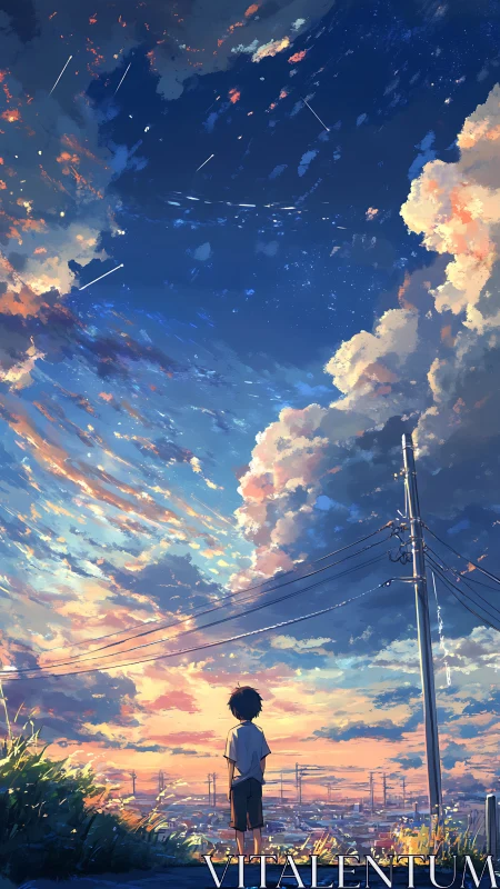 Boy beneath a luminous sunset sky of clouds and meteors.