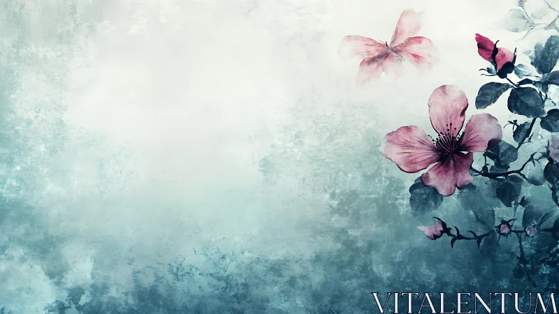 Delicate Pink Flowers in Misty Turquoise Atmosphere