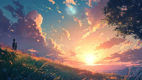 Two figures observe a stylized sunset sky from a hillside