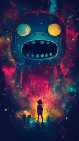 Child figure confronts towering monster in neon cosmic void