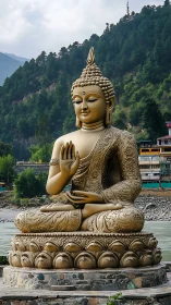 Golden Buddha statue sits before forested riverside hills