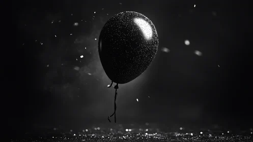 Single black balloon in dark space with scattered glitter.