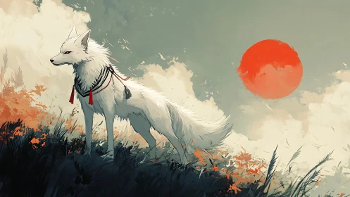 Spectral white fox sentinel under saturated vermilion sun.
