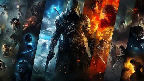 Hooded central warrior framed by segmented fantasy battle panels