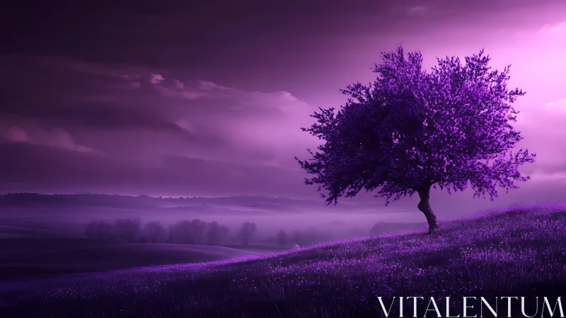 Solitary violet tree on misty hillside under monochrome sky