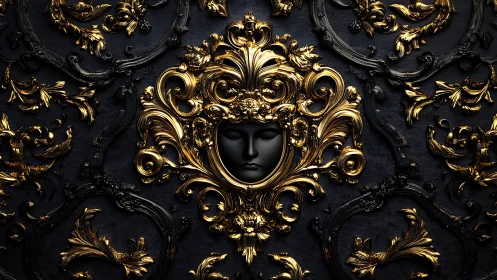 Gilded midnight mask crowned in swirling baroque gold.