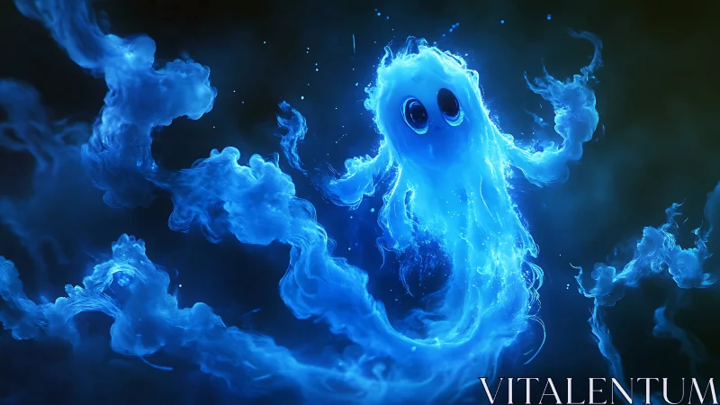 Luminescent plasma ghost forming within turbulent blue nebula.