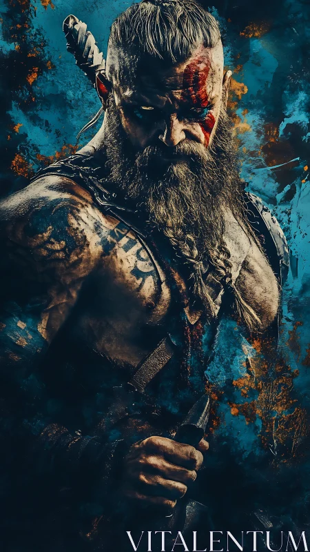 Bearded warrior holds knife against abstract blue backdrop