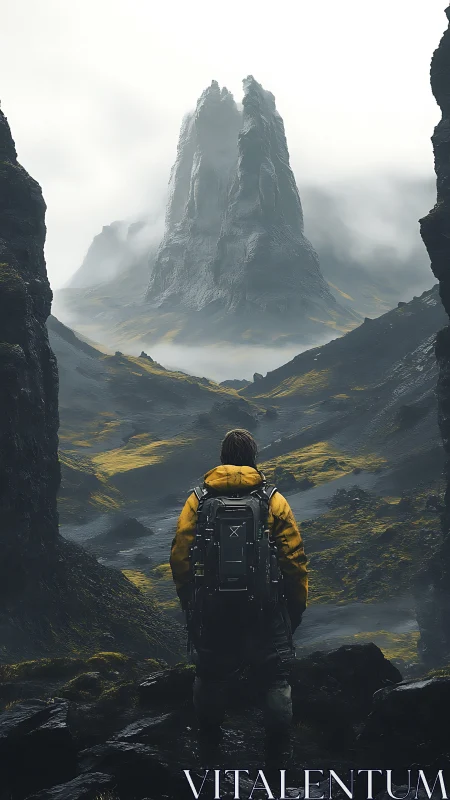 Lone trekker gazes at towering mist-forged stone spires.