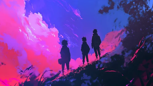 Silhouetted figures stand on ridge against saturated sky