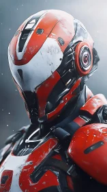 Armored sci fi soldier stands under diffuse cold backlight