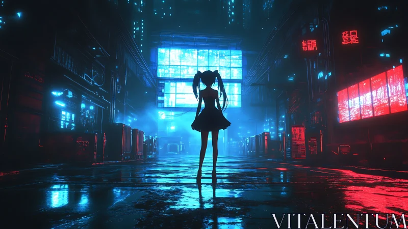 Silhouette girl walks through neon lit cyberpunk alleyway