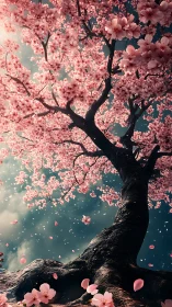 Stormlit cherry blossom tree with drifting spring petals.