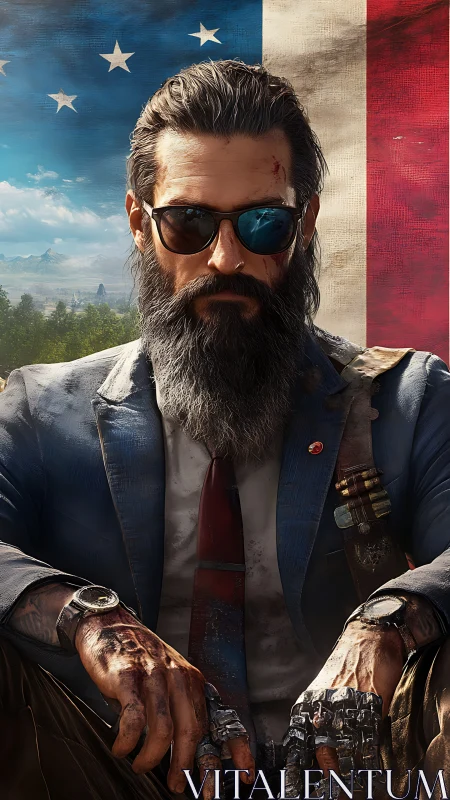 Bearded soldier broods before a worn American flag backdrop