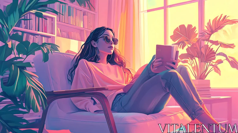 Sunlit pastel lounge with woman reading in modern armchair