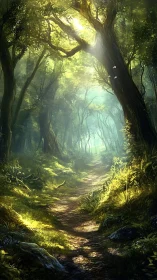 Luminous Forest Path Through Ancient Trees.