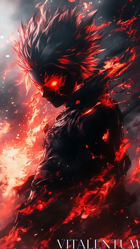 Demonic fiery warrior silhouette with glowing red eyes.