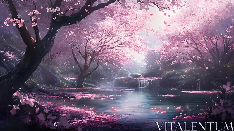 Serene cherry blossom valley with still pond and falls.