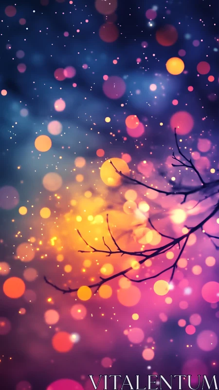 Bokeh lights cascade behind silhouetted winter tree branches.