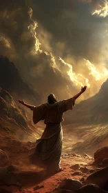 Robe-clad figure stands on rocky path under dramatic light.