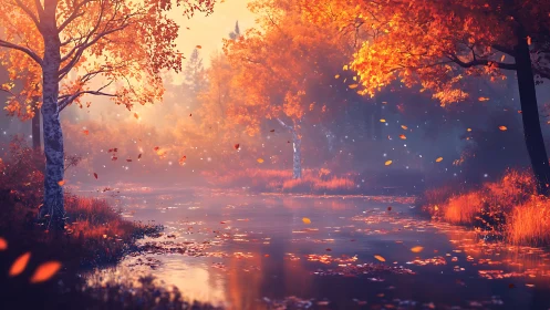 Autumn river landscape renders atmospheric depth with warm bokeh