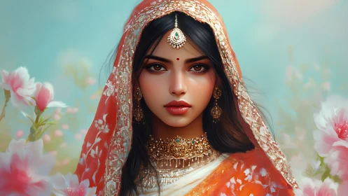 Digital portrait of ornate bridal figure in orange veil, florals