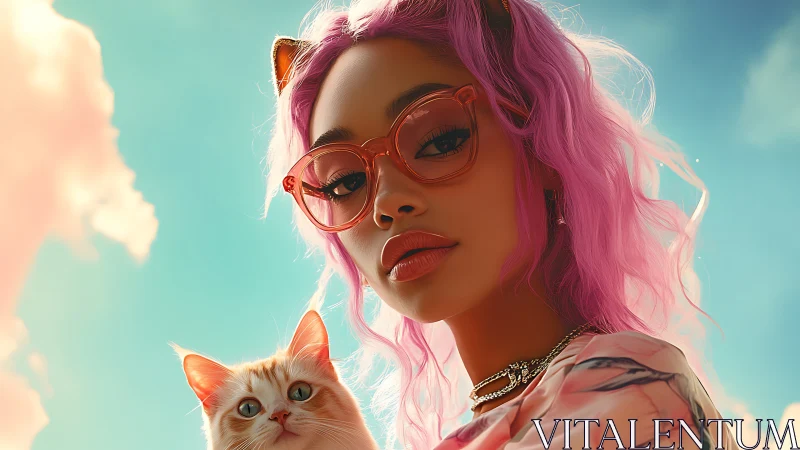 Sunlit pastel portrait of pink haired girl with cat companion.