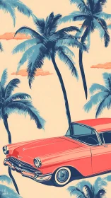 Retro coral classic car cruises beneath tall palm trees.
