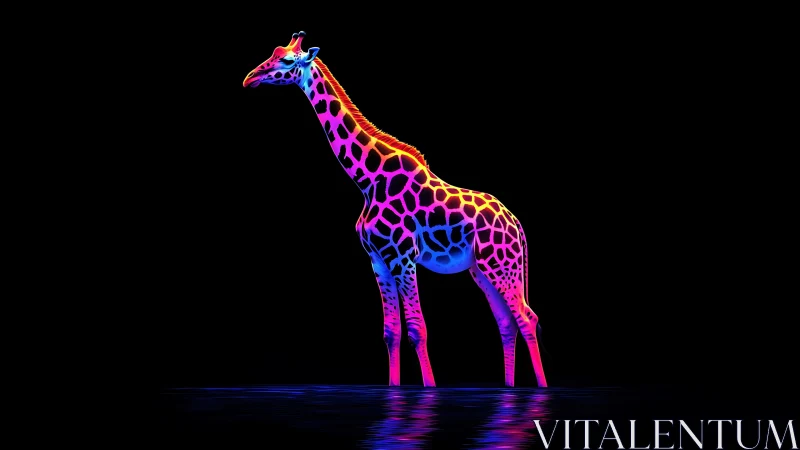 Neon lit giraffe stands in shallow reflective water at night