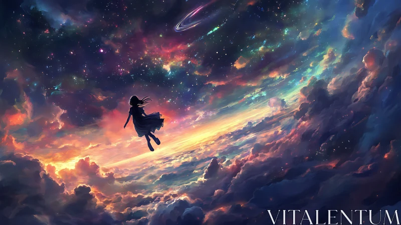 Silhouetted figure floats amid multicolored clouds and starfield