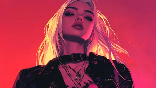 Blonde woman in leather jacket stands against vivid gradient