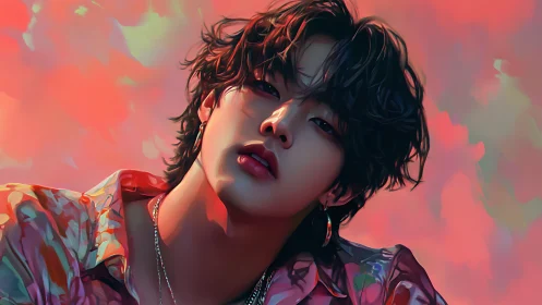 Velvet dusk gaze in neon coral dreamlight portrait.