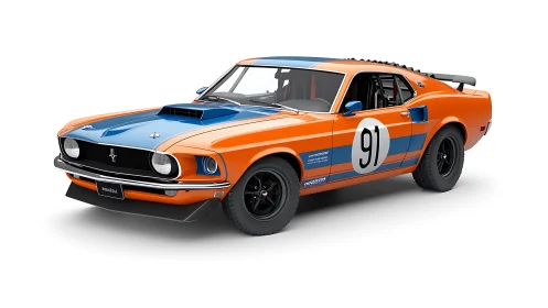 Orange and blue classic race car model is rendered cleanly