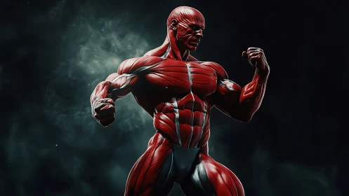 Powerful muscle figure stands strong in a dramatic dark void