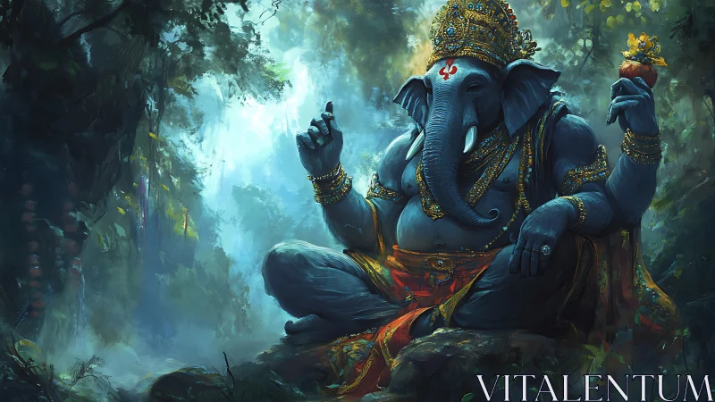 Divine elephant deity meditates in luminous jungle sanctuary.
