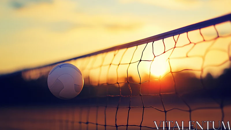 Sunset volleyball hangs weightless at the net&rsquo;s glowing edge
