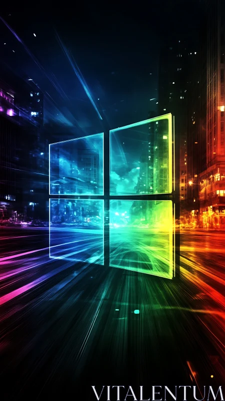 Neon window symbol over glowing futuristic city street.