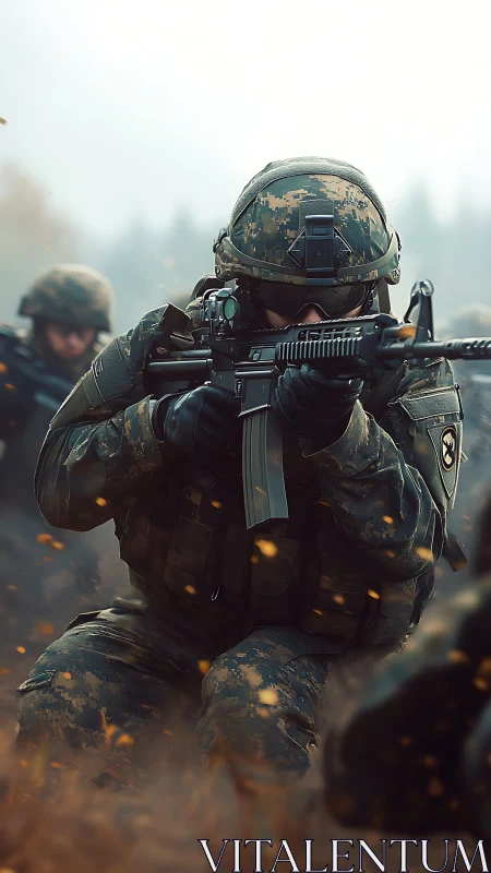 Modern soldier aiming rifle in active combat scene.
