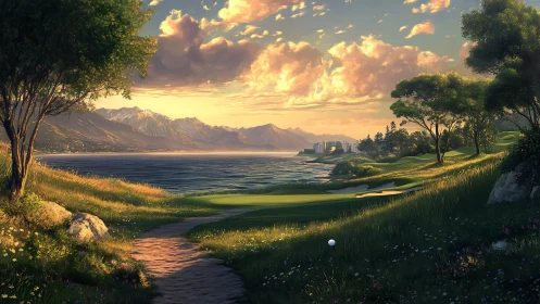 Golden hour illuminates a tranquil coastal golf fairway