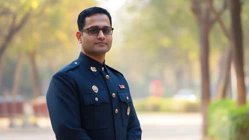Confident officer stands in sunlit park, radiating calm pride